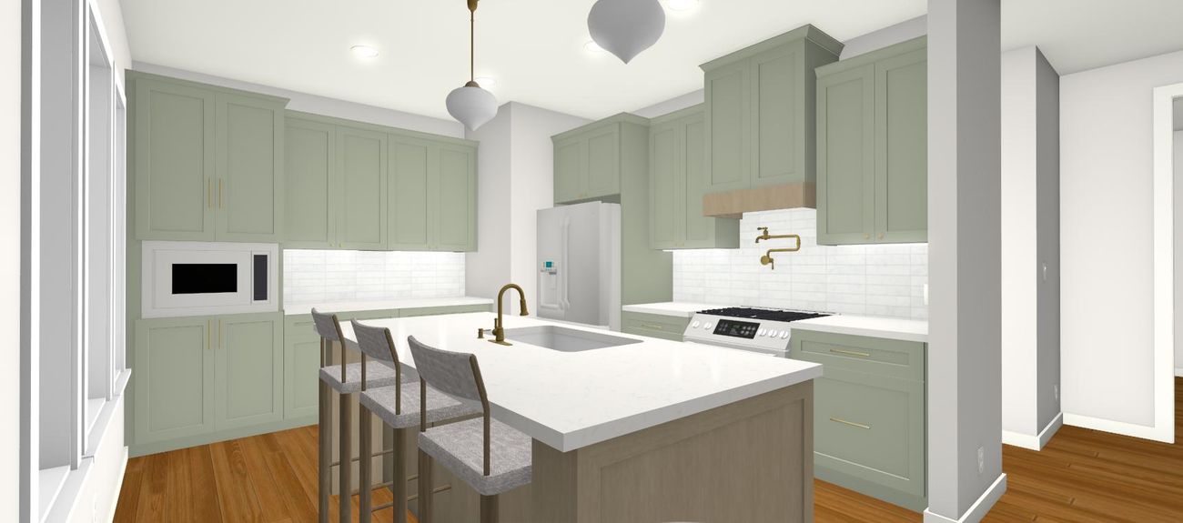 Rendering of the sage green kitchen with island
