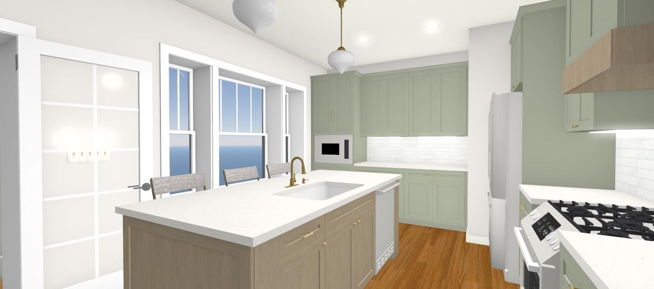 Second rendering of the sage kitchen toward the windows
