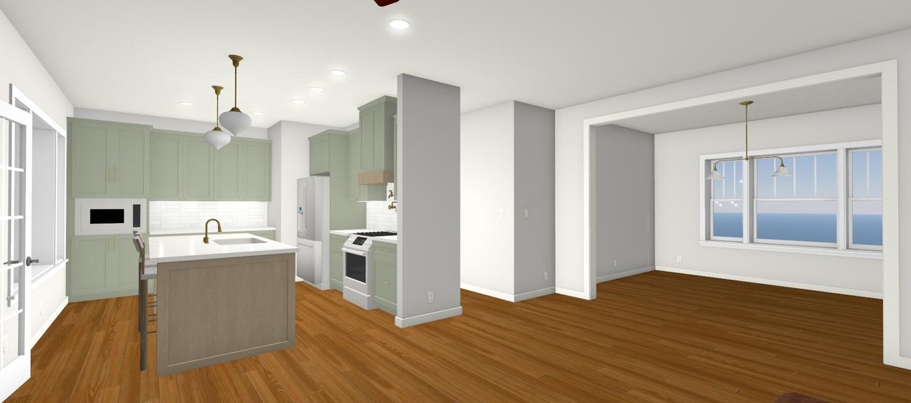 Rendering from the same vantage, with the sage kitchen and the dining room beyond
