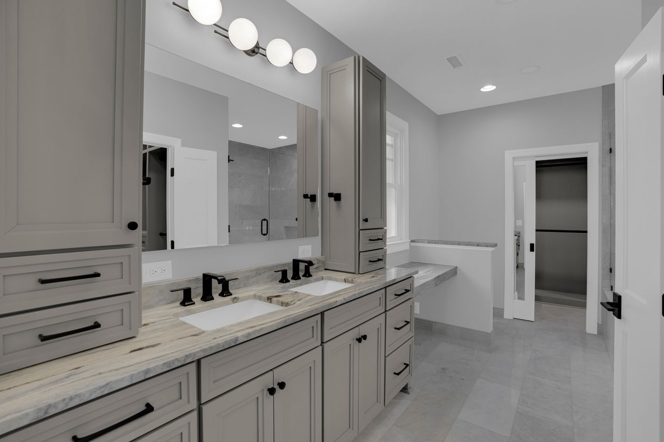 The finished vanity wall from the same vantage