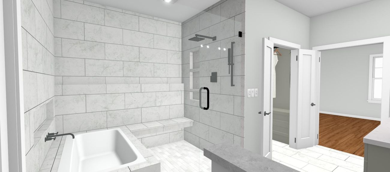 Second rendering of the bath, with the closet door beyond