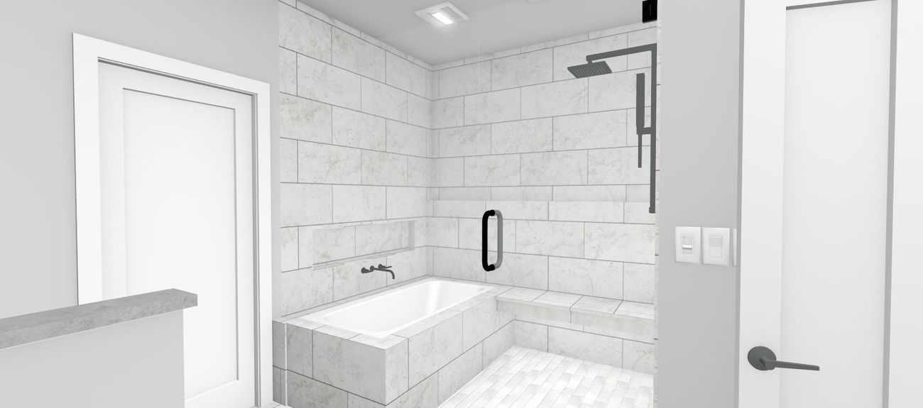 Rendering of the new bath looking toward the tub and benched shower
