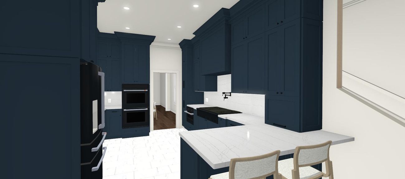 Rendering from the same vantage, with peninsula and wall ovens
