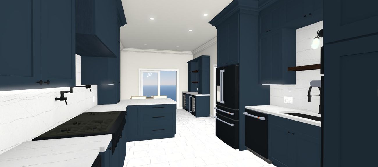 Rendering looking toward the cooktop and window wall