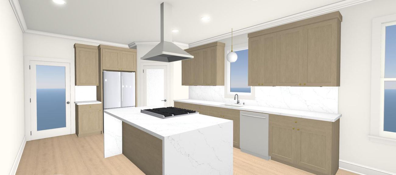 Rendering of the new-build kitchen with waterfall island
