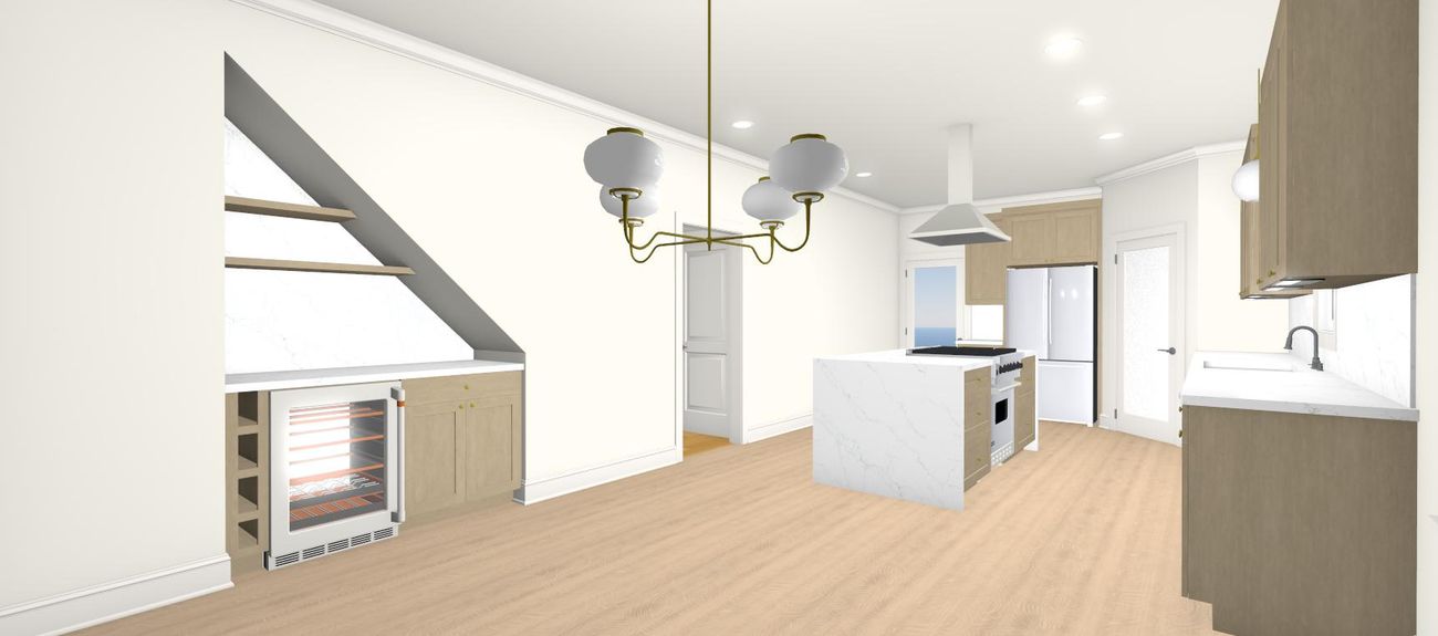 Rendering from the living room, with the stair bar at left and the island beyond